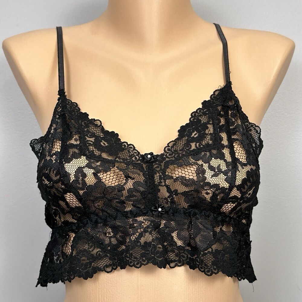 Vintage Victoria's Secret Gold Label Black Lace Bralette Pearls Flower P XS